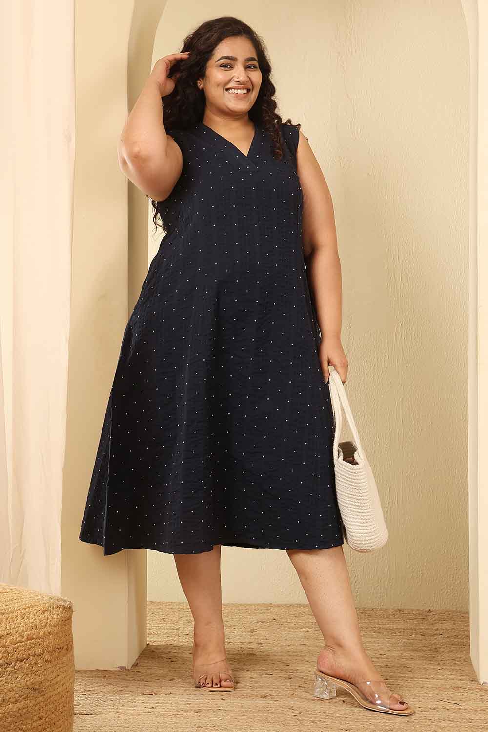 Plus Size Navy Blue Dobby Weave Sleeveless Cotton Midi Dress