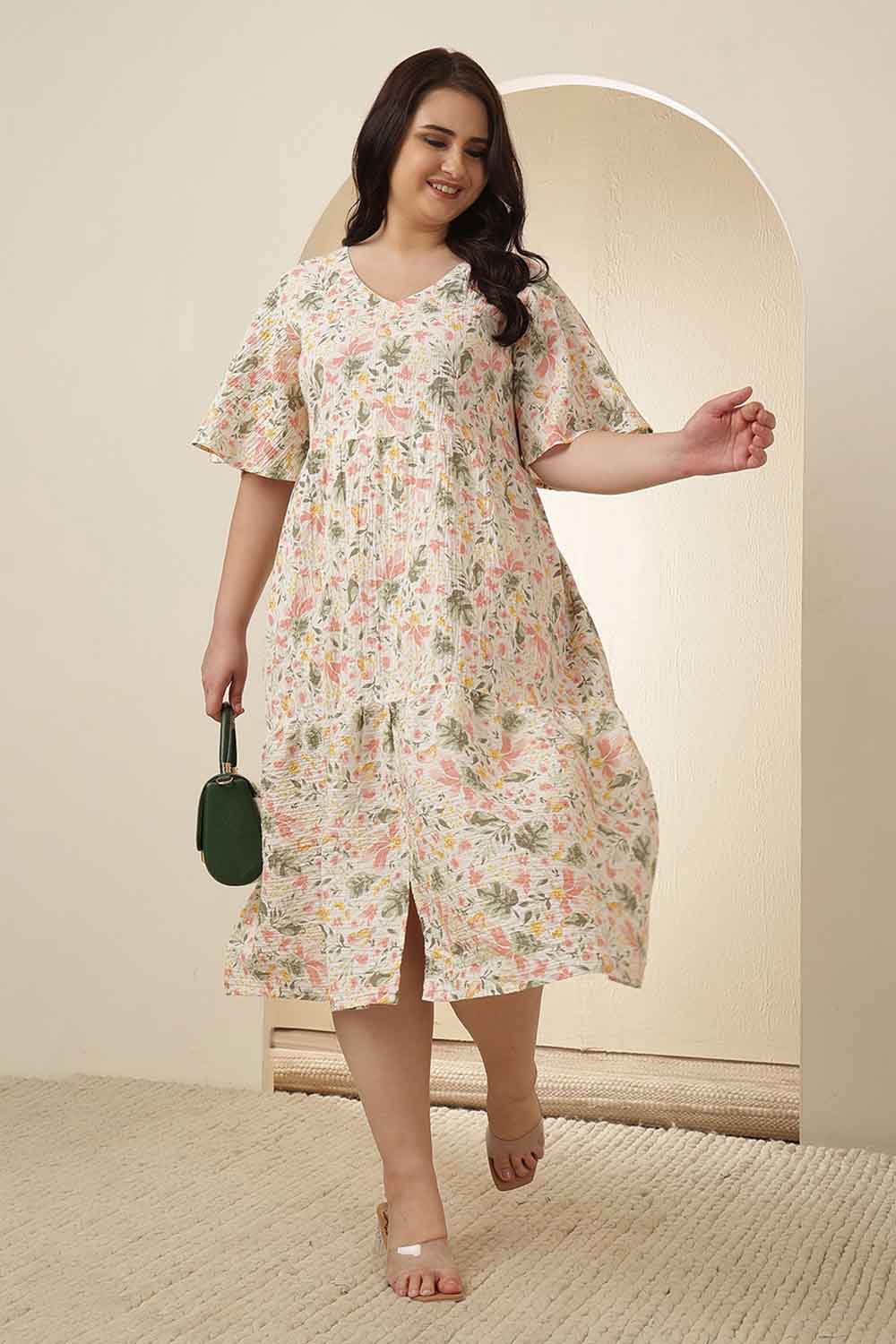 Plus Size Floral Print Tiered Cotton Dress