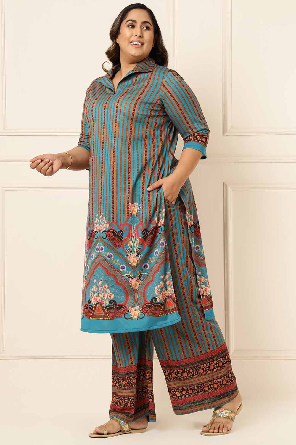 Plus Size Plus Size Teal Blue Printed Coord Set