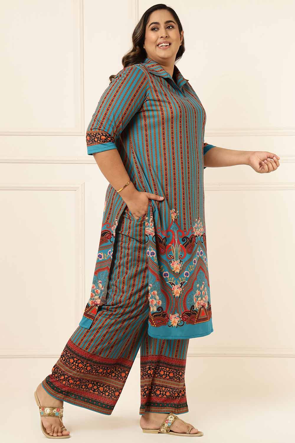 Plus Size Teal Blue Printed Coord Set for Women