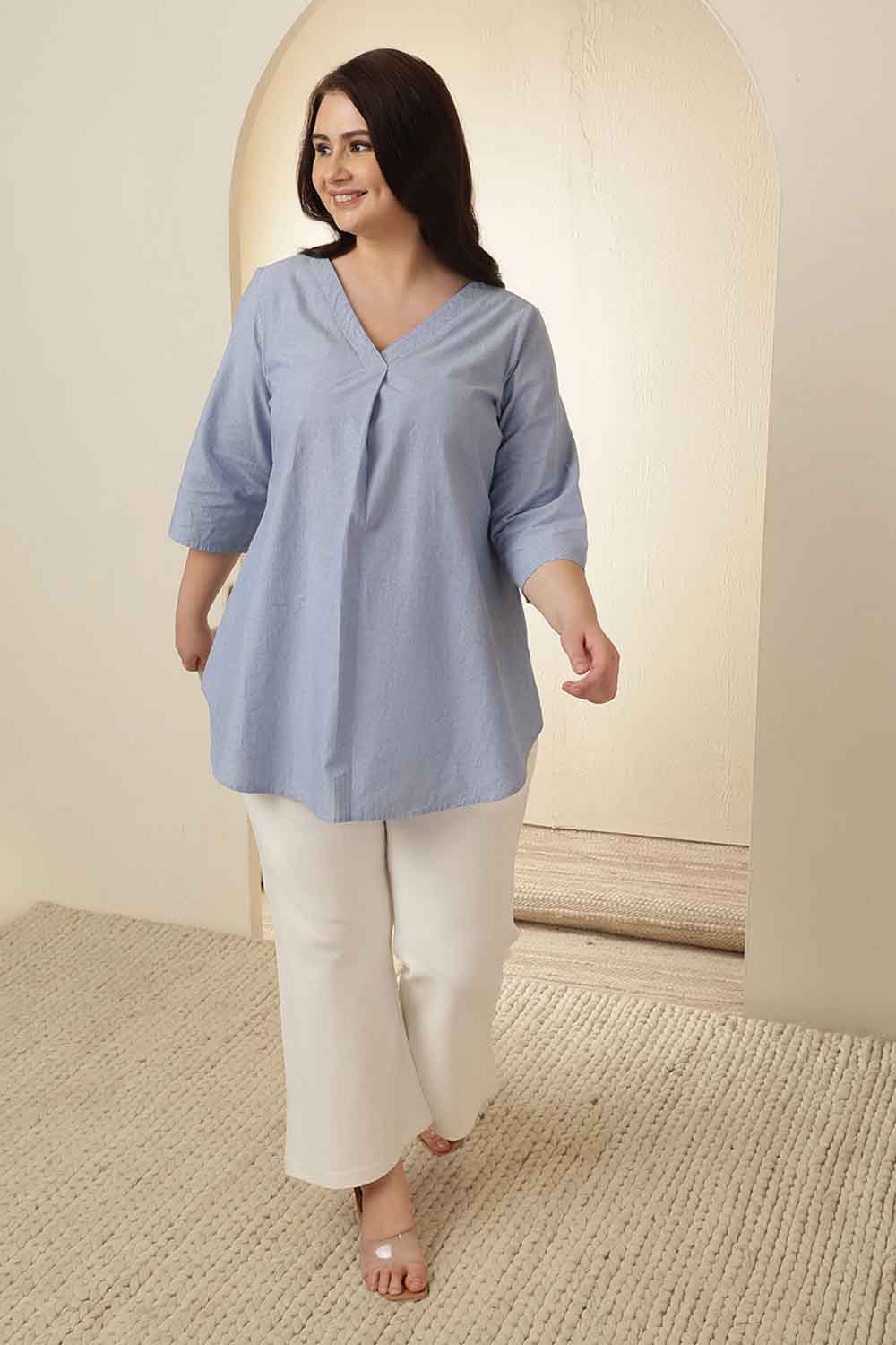 Plus Size Light Blue V Neck Cotton Top