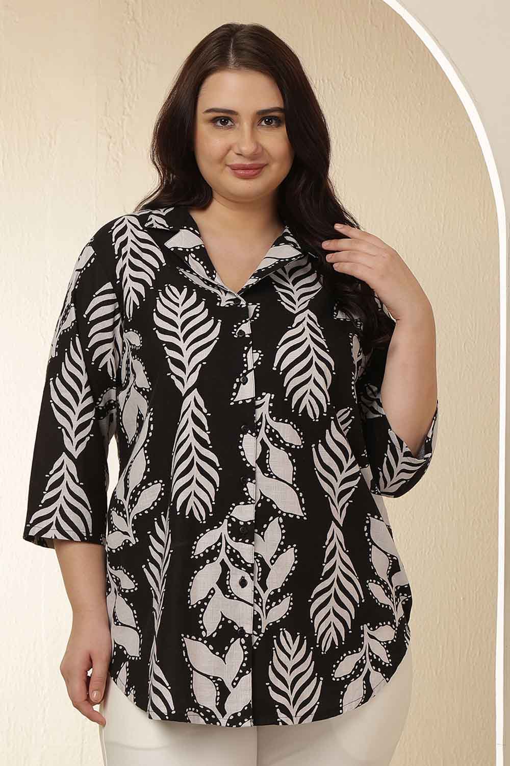 Plus Size Black White Leaf Print Cuban Collar Rayon Shirt