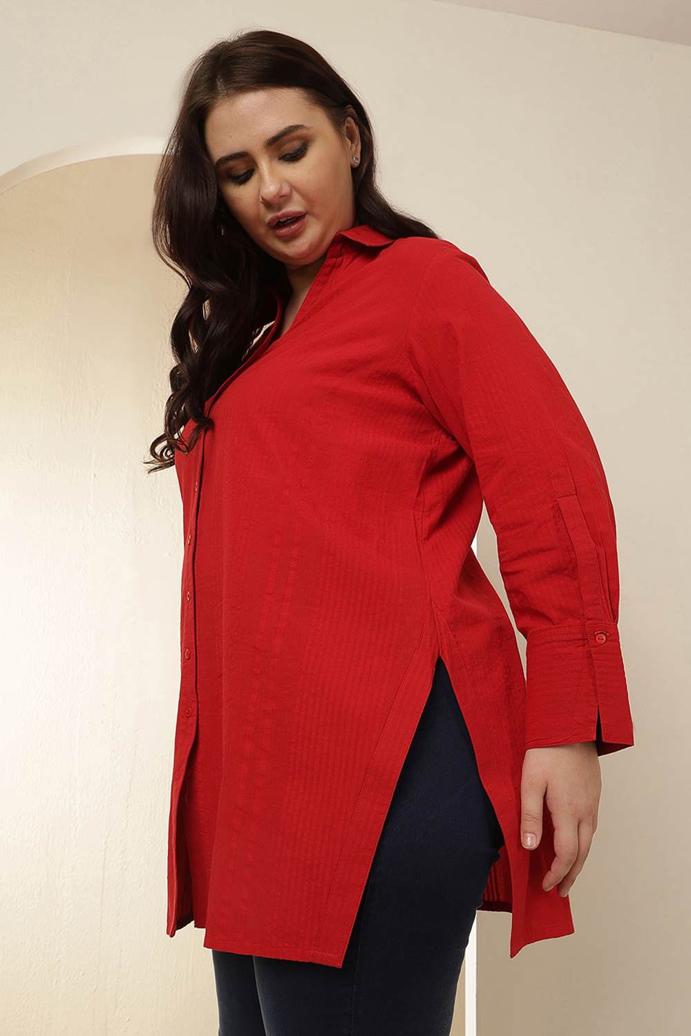 Plus Size Red High Slit Styled Cuff Cotton Shirt