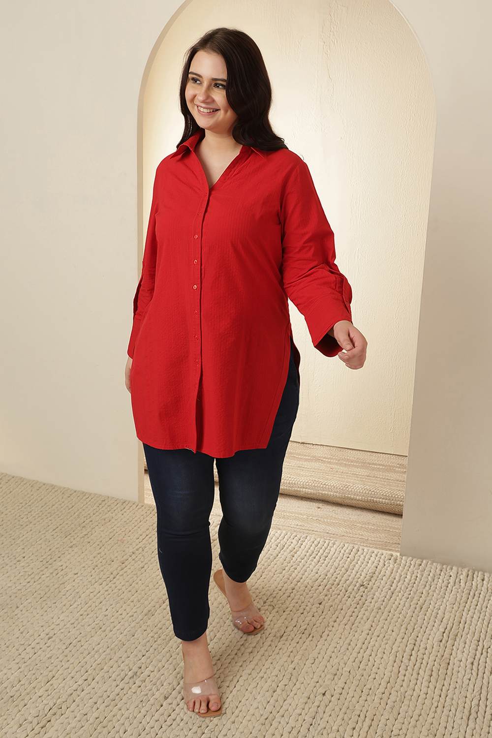 Plus Size Red High Slit Styled Cuff Cotton Shirt