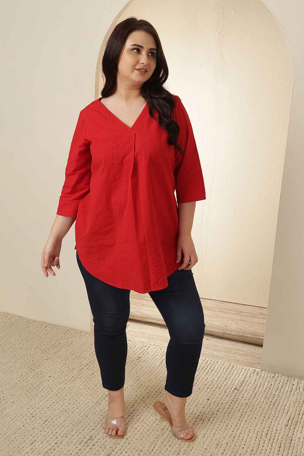 Plus Size Red V Neck Cotton Top