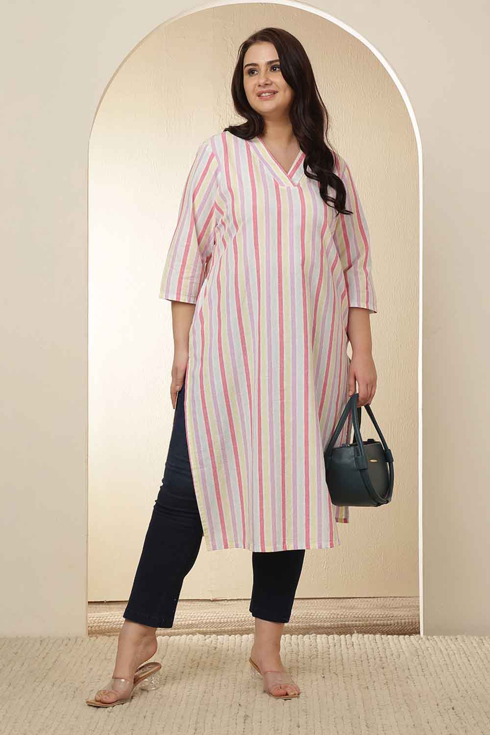 Plus Size White Pink Striped Cotton V Neck Kurta