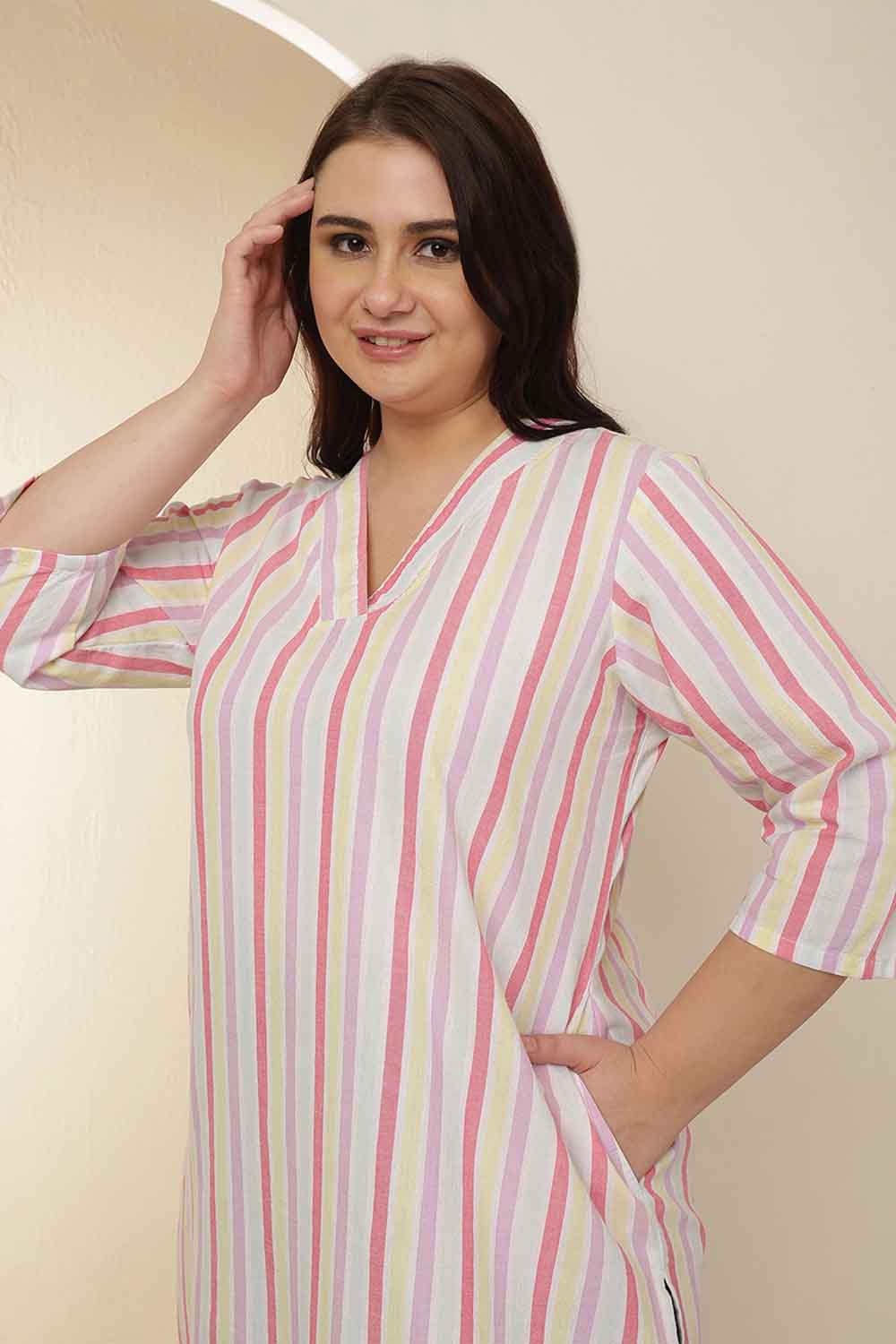 Plus Size White Pink Striped Cotton V Neck Kurta