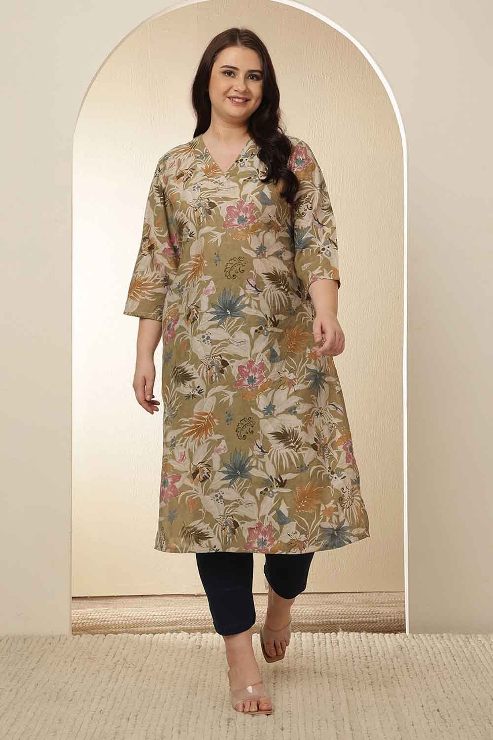 Plus Size Olive Floral Print V Neck Kurta