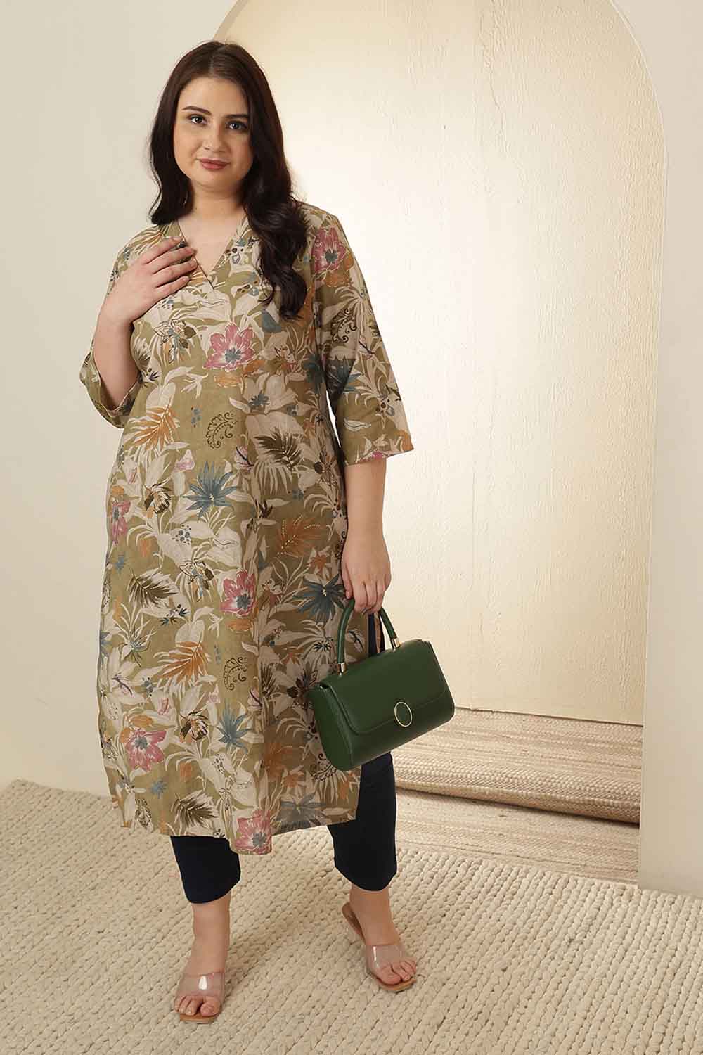 Plus Size Olive Floral Print V Neck Kurta