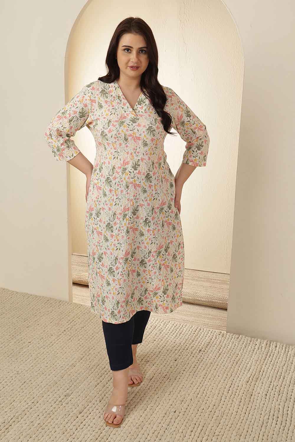 Plus Size Floral Print Cotton V Neck Kurta
