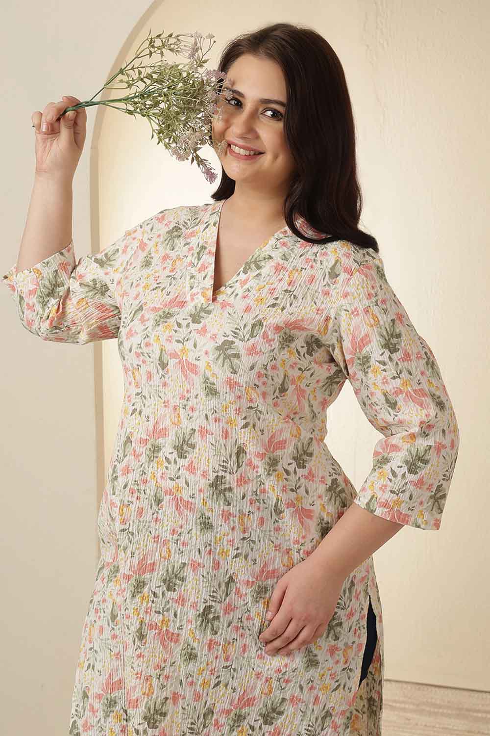 Plus Size Floral Print Cotton V Neck Kurta