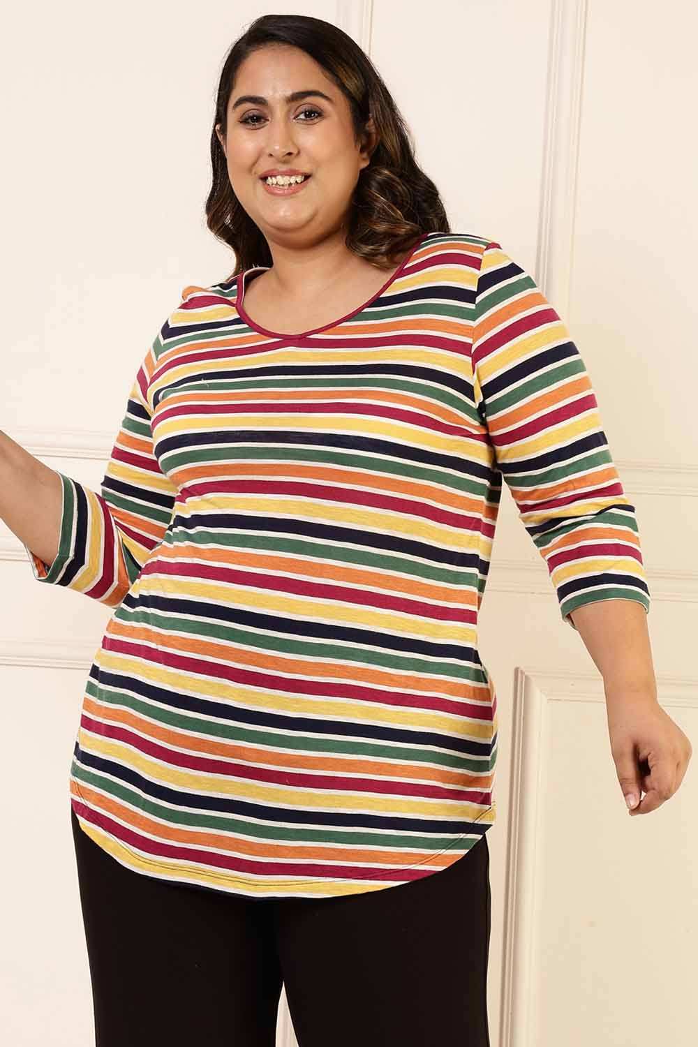 Buy Plus Size Multi Color Stripes Cotton Tshirt