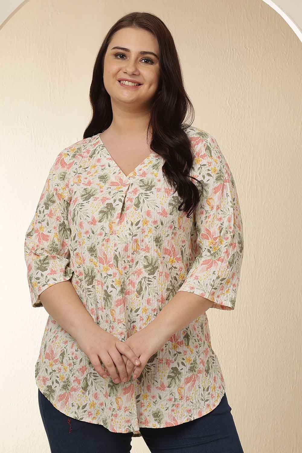 Plus Size Floral Print V Neck Cotton Top