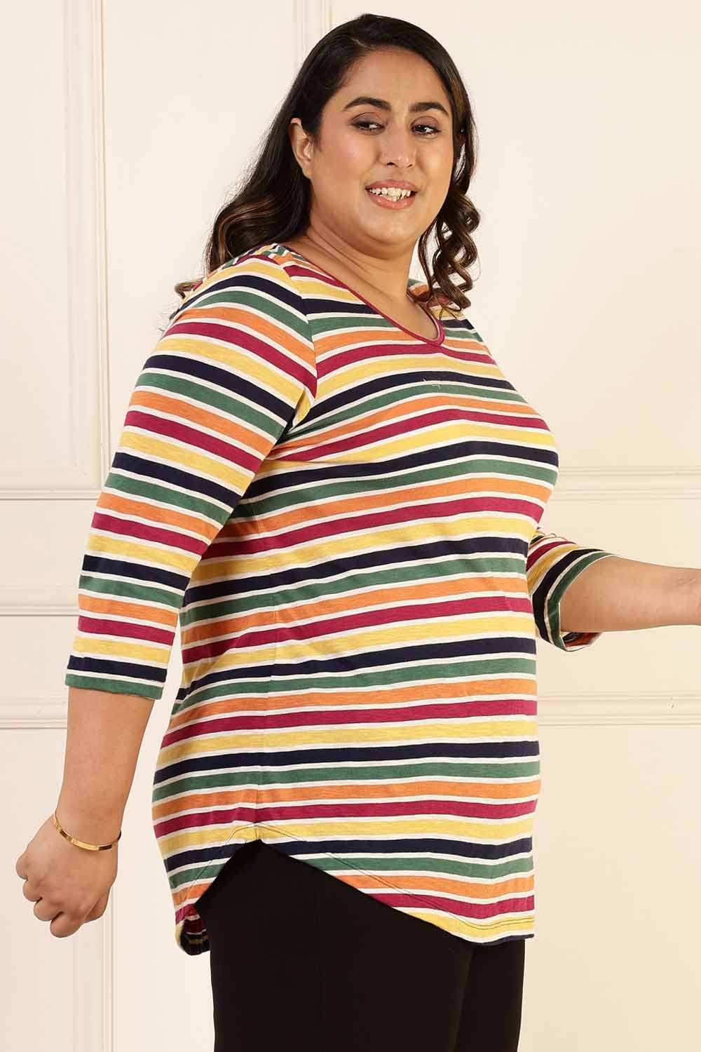 Comfortable Plus Size Multi Color Stripes Cotton Tshirt