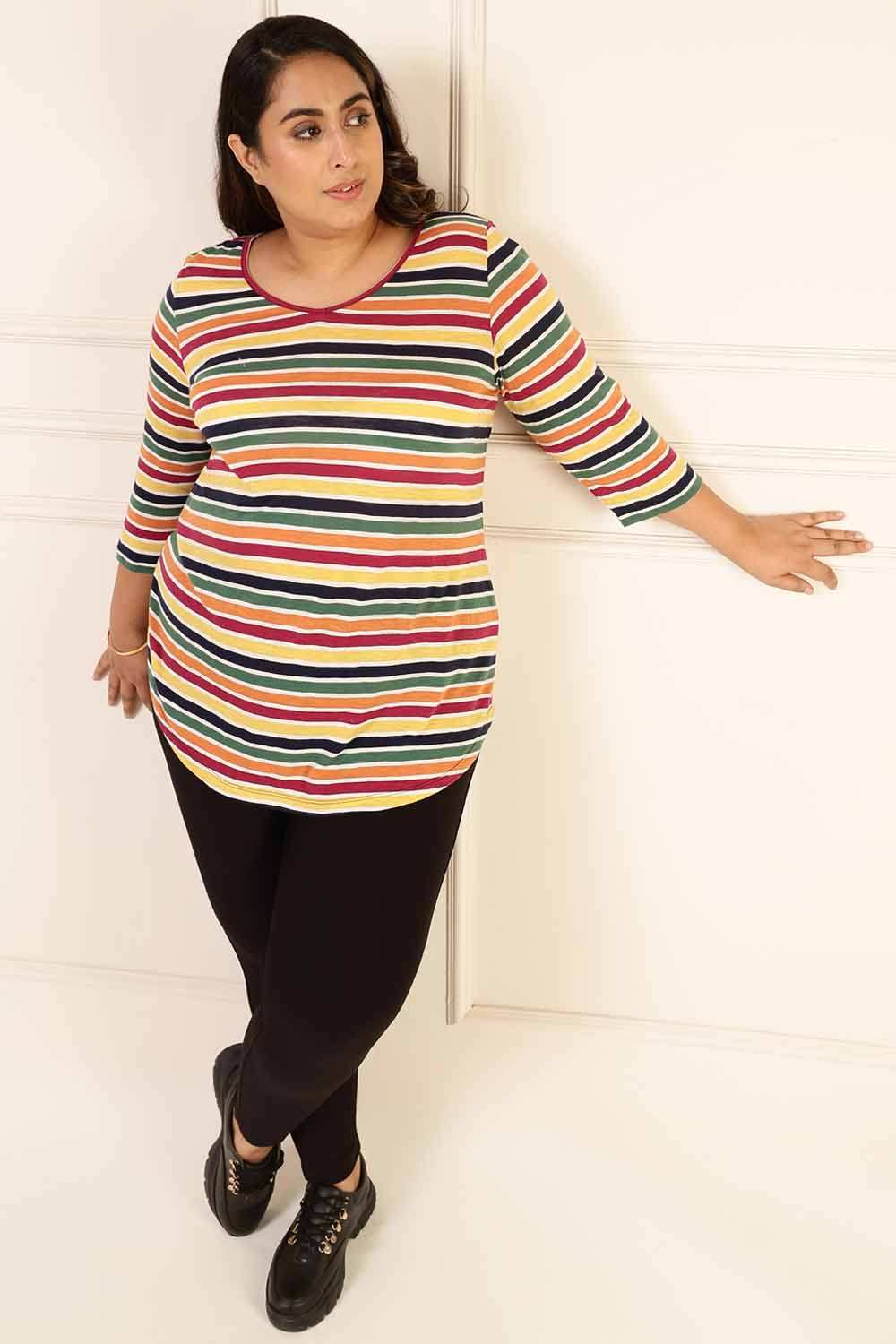 Plus Size Plus Size Multi Color Stripes Cotton Tshirt