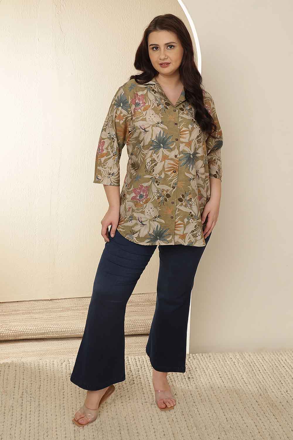 Plus Size Olive Floral Print Cuban Collar Cotton Shirt