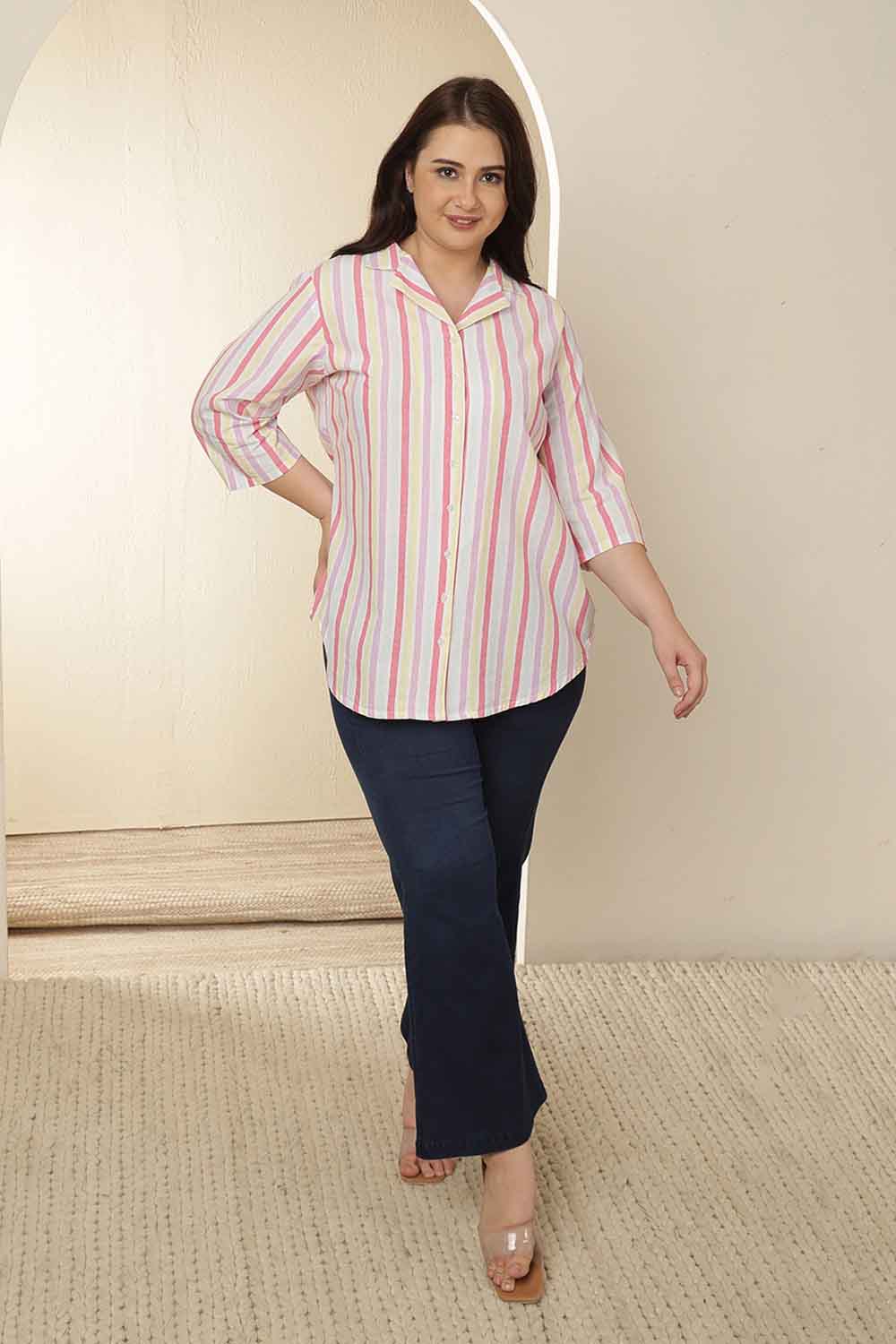 Plus Size White Pink Stripe Cuban Collar Cotton Shirt