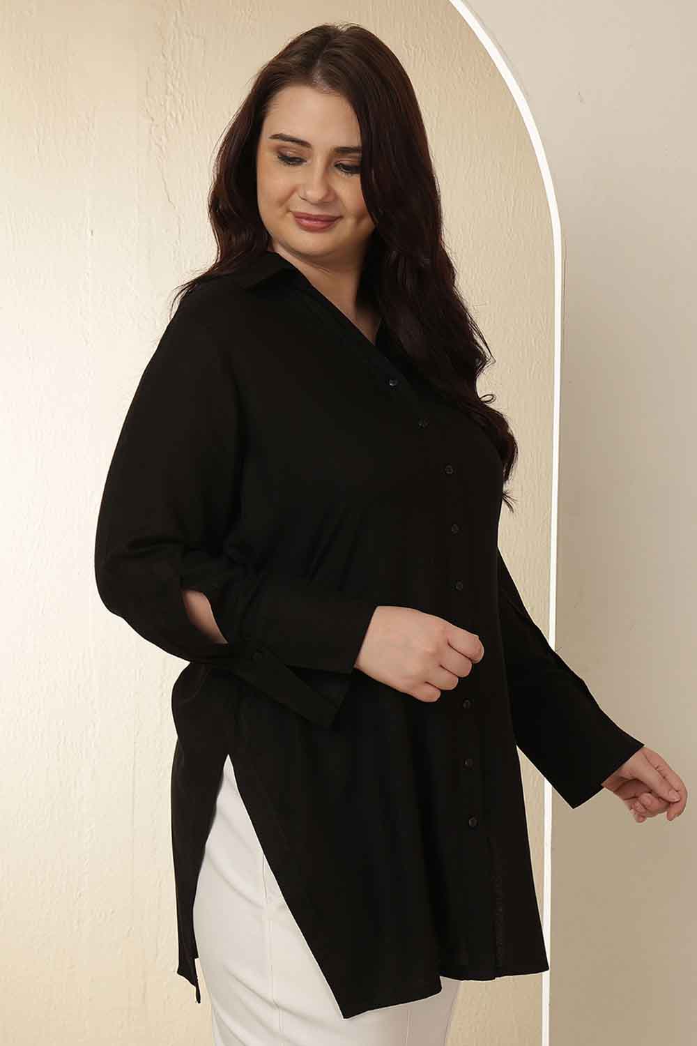 Plus Size Black High Slit Styled Cuff Cotton Shirt
