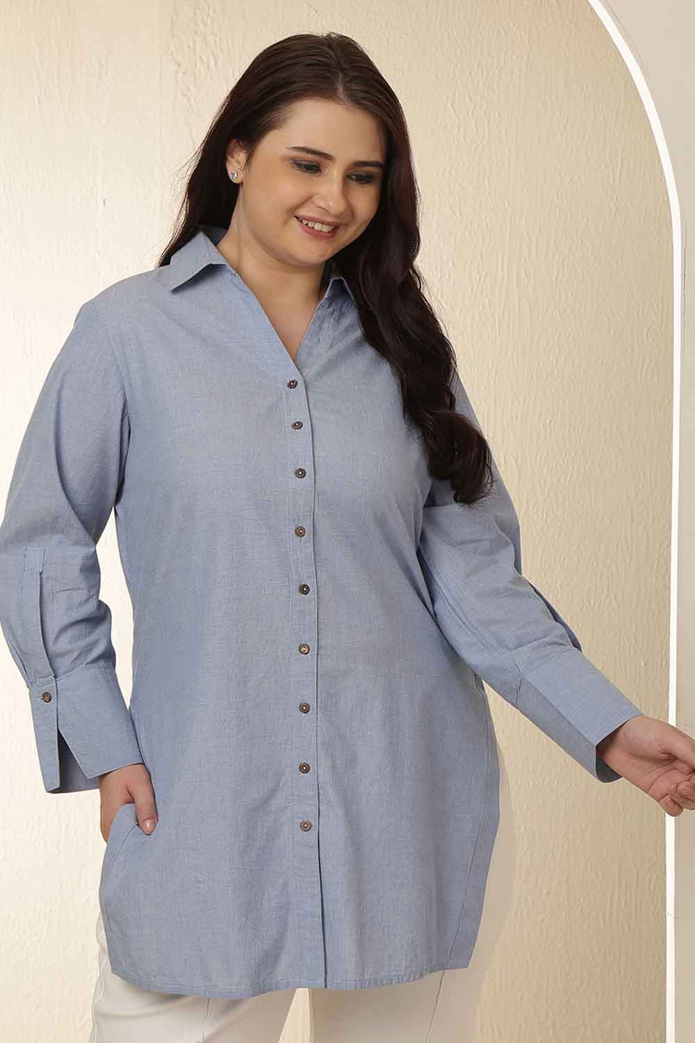 Plus Size Light Blue High Slit Styled Cuff Cotton Shirt