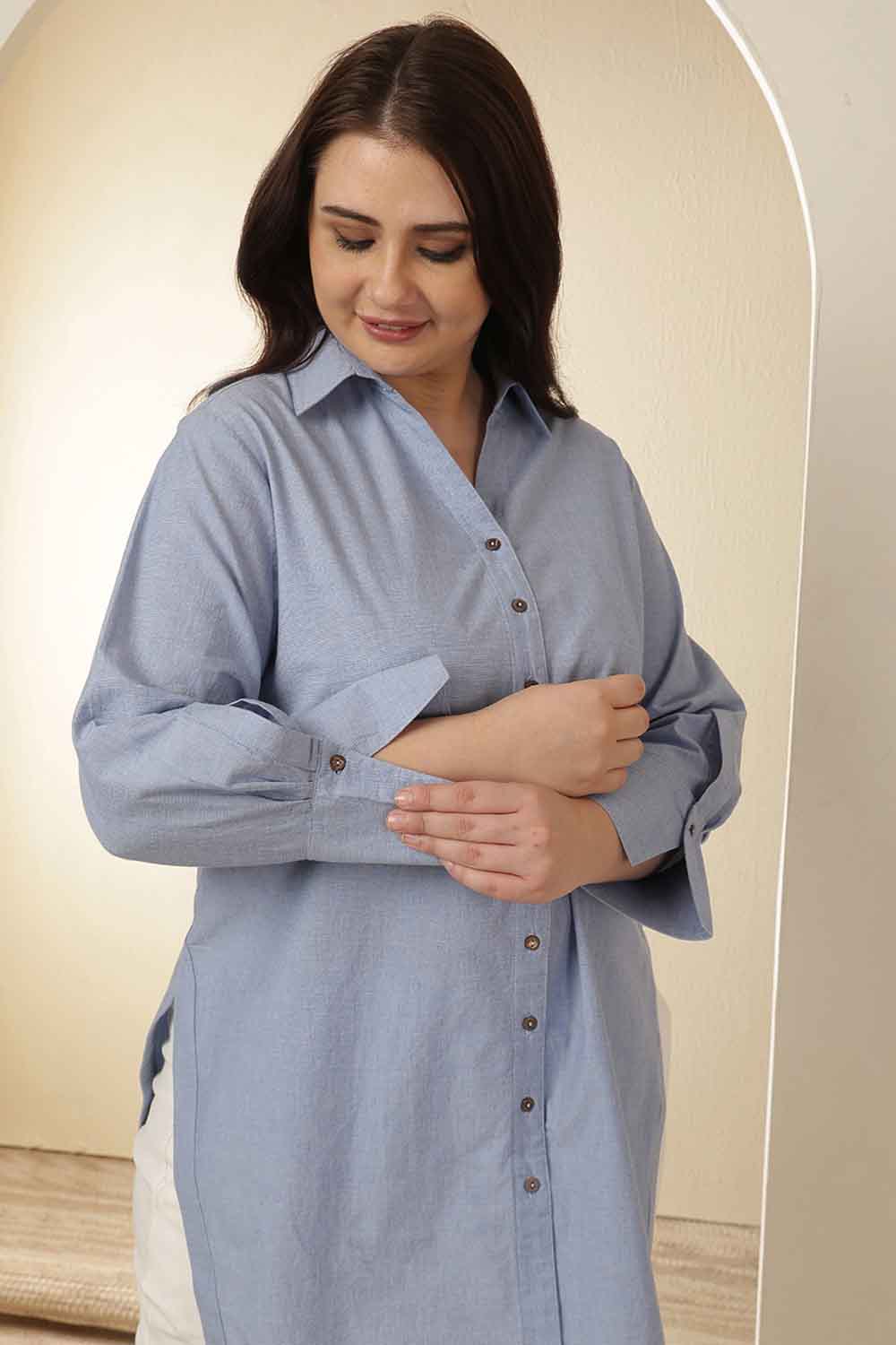 Plus Size Light Blue High Slit Styled Cuff Cotton Shirt
