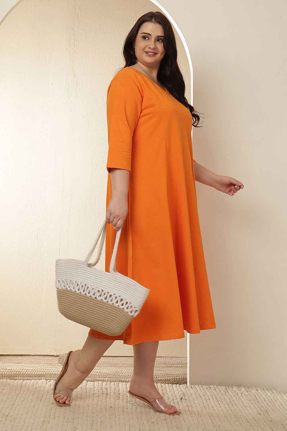 Plus Size Orange A-Line Cotton Dress | Amydus Plus Size Orange A-Line Cotton Dress | Amydus