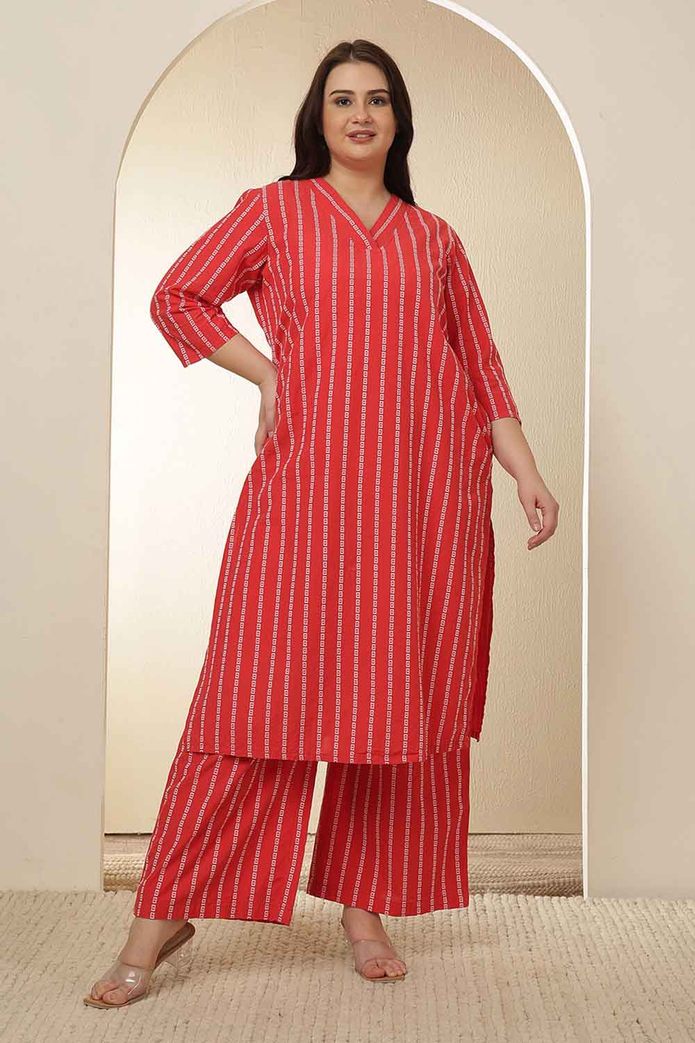 Plus Size Red Stripe Cotton Kurta Coord Set
