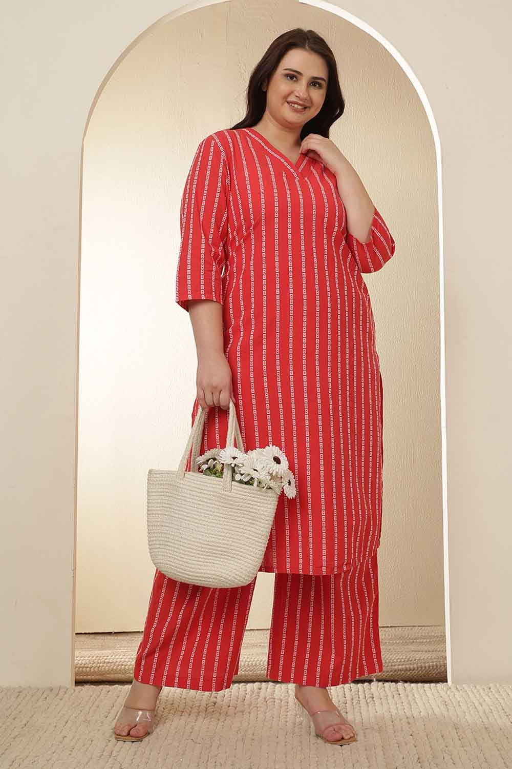 Plus Size Red Stripe Cotton Kurta Coord Set