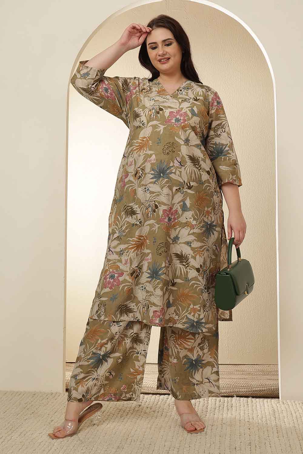 Plus Size Olive Floral Print Kurta Coord Set