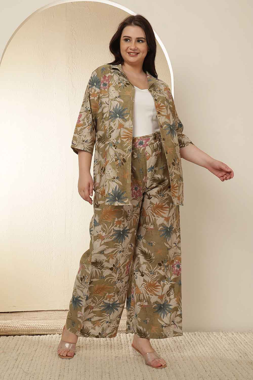 Plus Size Olive Floral Print Shirt Coord Set