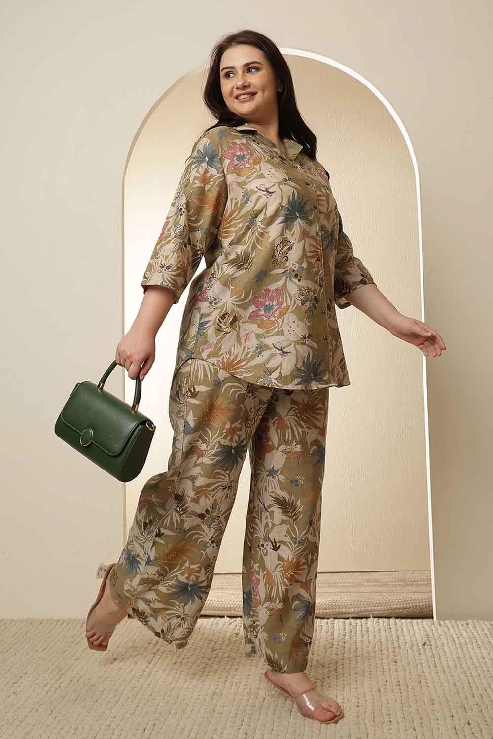 Plus Size Olive Floral Print Shirt Coord Set
