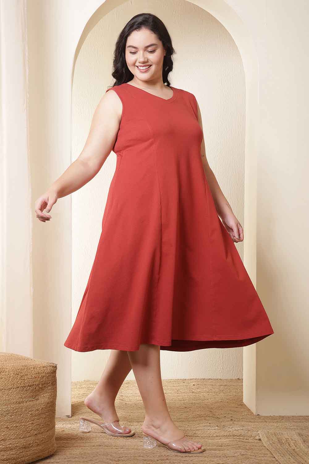 Plus Size Rust Red A-Line Cotton Sleeveless Dress