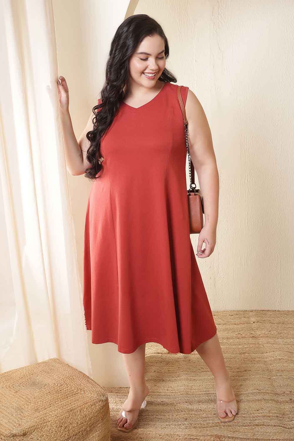 Plus Size Rust Red A-Line Cotton Sleeveless Dress