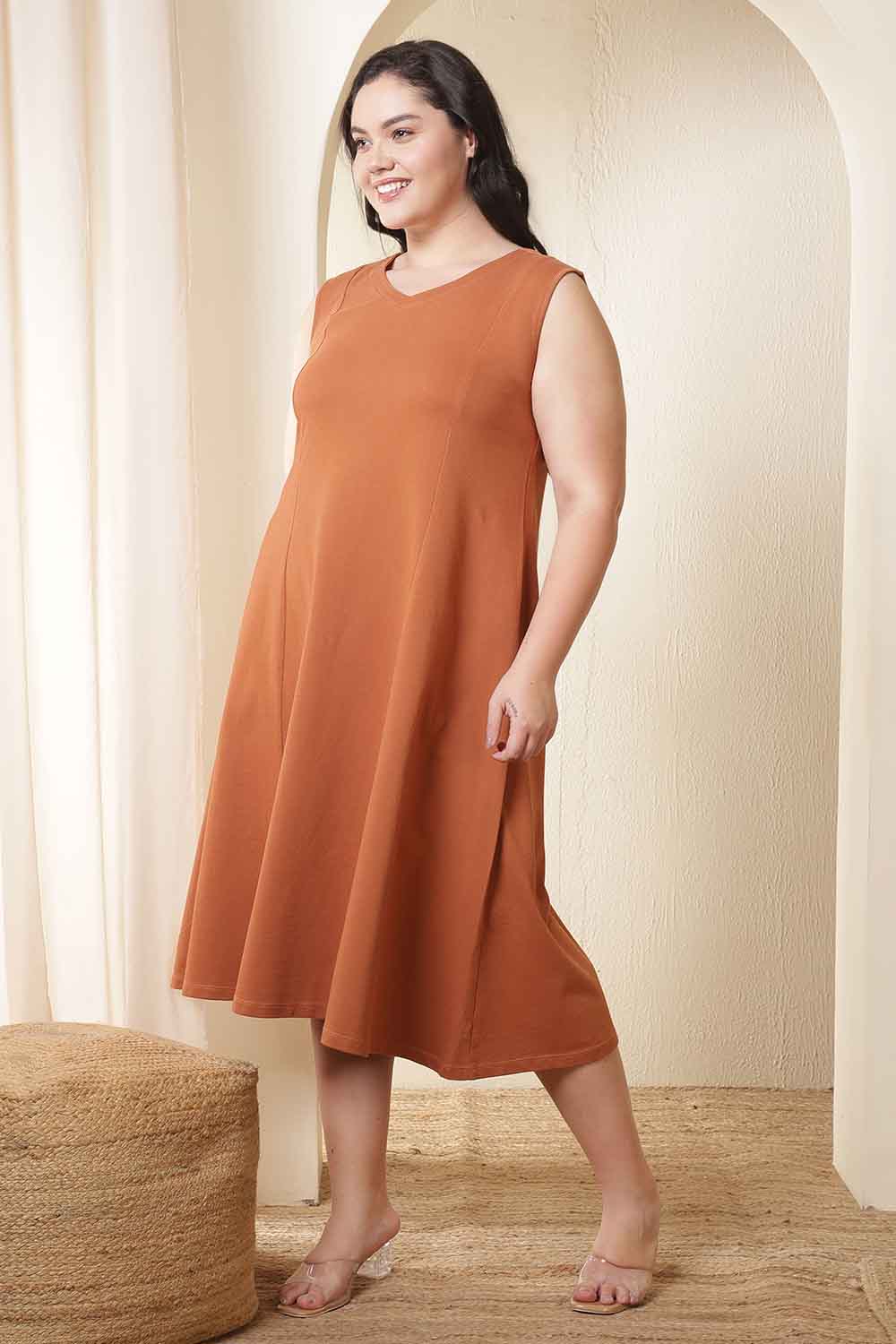 Plus Size Rust Orange A-Line Cotton Sleeveless Dress