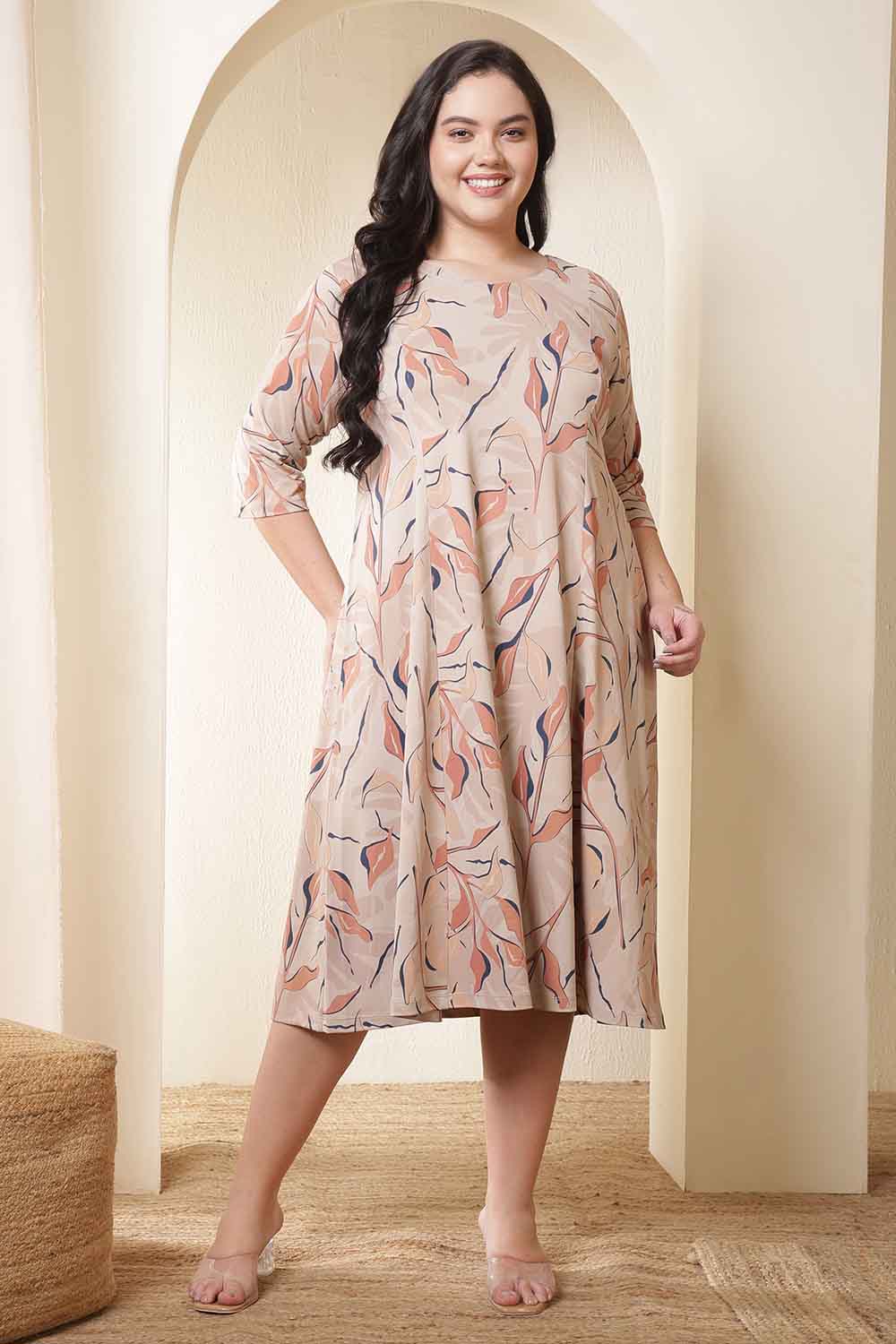 Plus Size Beige Floral Print A Line Dress
