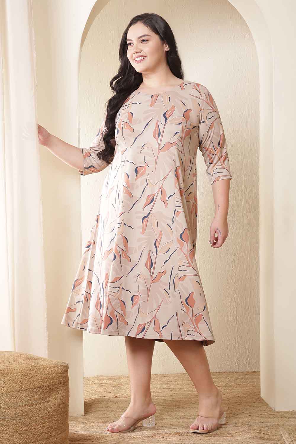 Plus Size Beige Floral Print A Line Dress