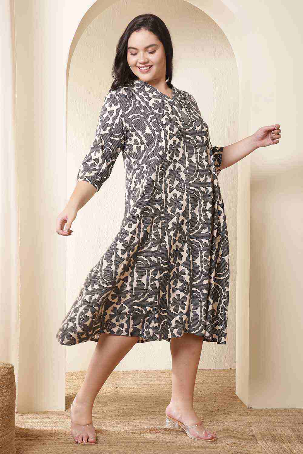 Plus Size Black & Beige Abstract Print Cotton Midi Dress