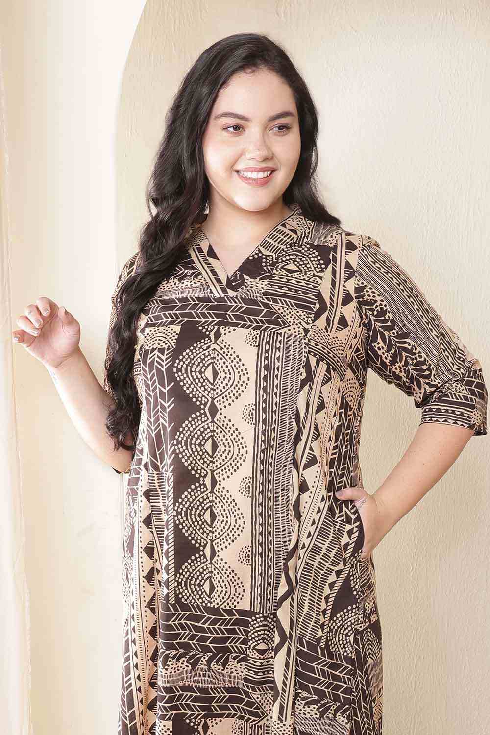 Plus Size Brown Black Printed Cotton Midi Dress