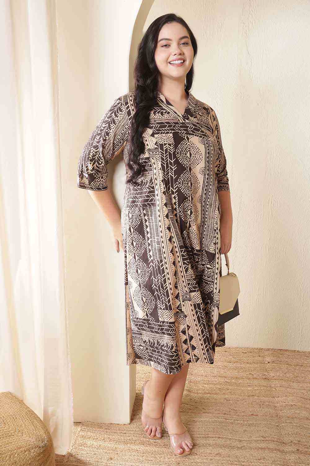 Plus Size Brown Black Printed Cotton Midi Dress