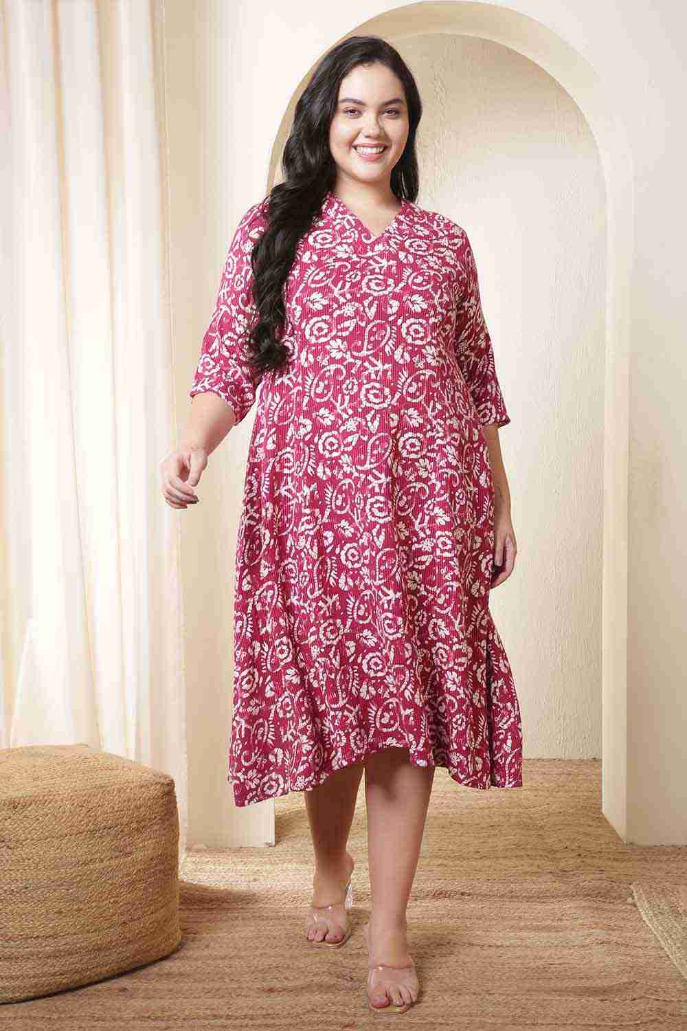 Plus Size Pink Batik Print Cotton Midi Dress