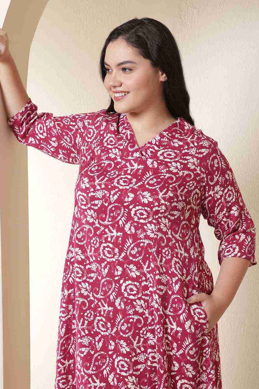 Plus Size Pink Batik Print Cotton Midi Dress