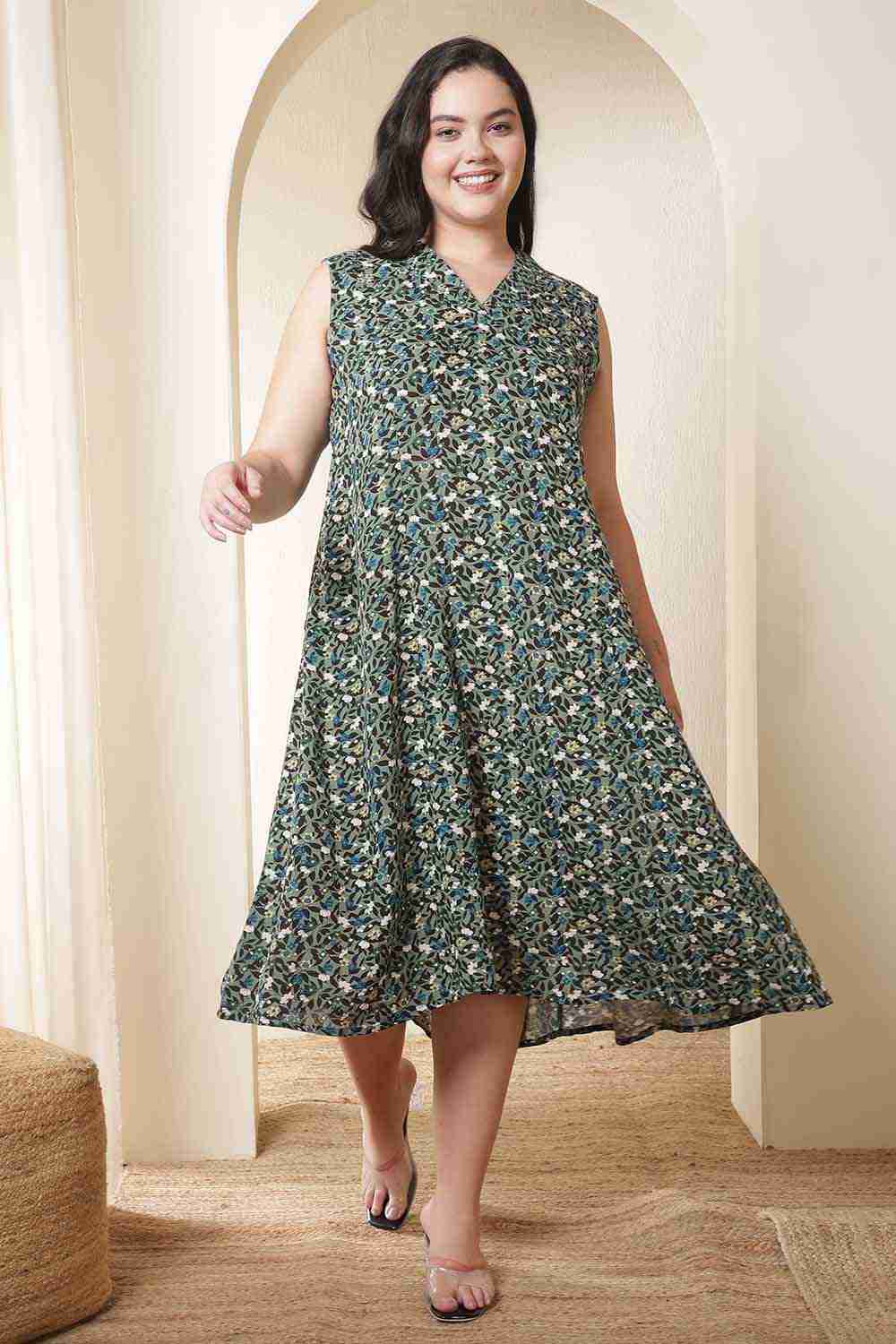 Plus Size Olive Floral Sleeveless Cotton Midi Dress