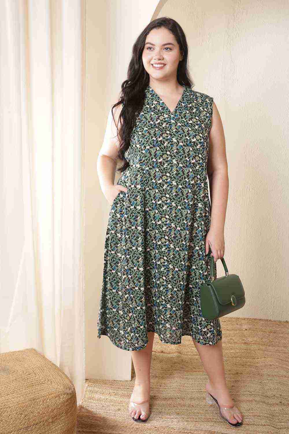 Plus Size Olive Floral Sleeveless Cotton Midi Dress