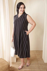 Plus Size Vertical Stripes Sleeveless Cotton Midi Dress