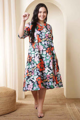 Plus Size Multicolor Floral Print Cotton Midi Dress