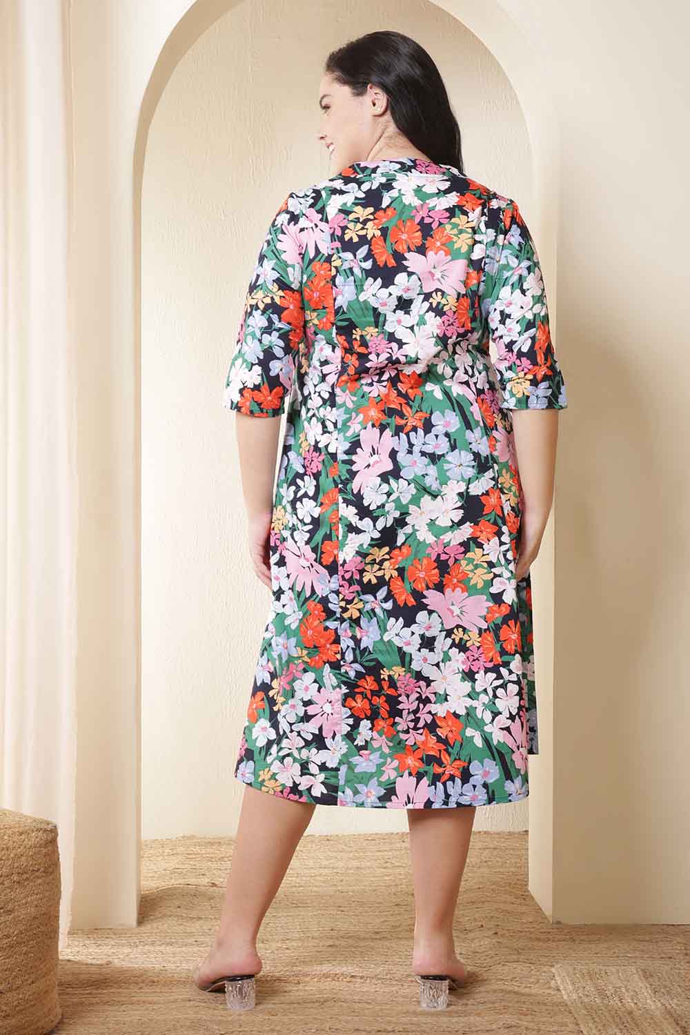 Plus Size Multicolor Floral Print Cotton Midi Dress