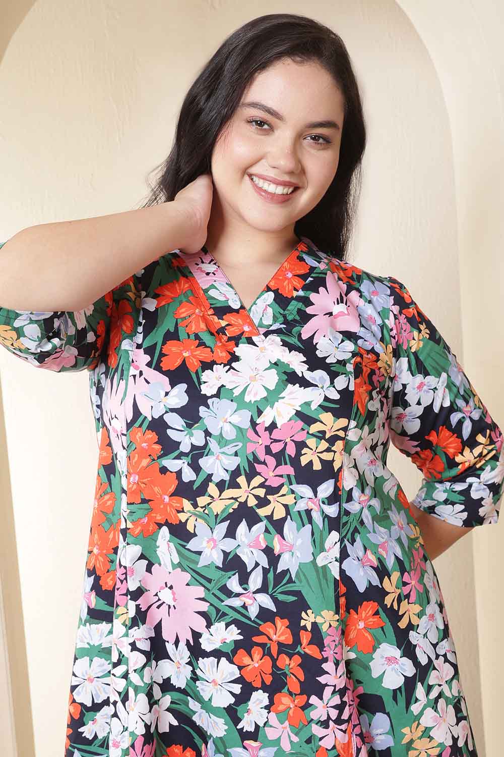 Plus Size Plus Size Multicolor Floral Print Cotton Midi Dress