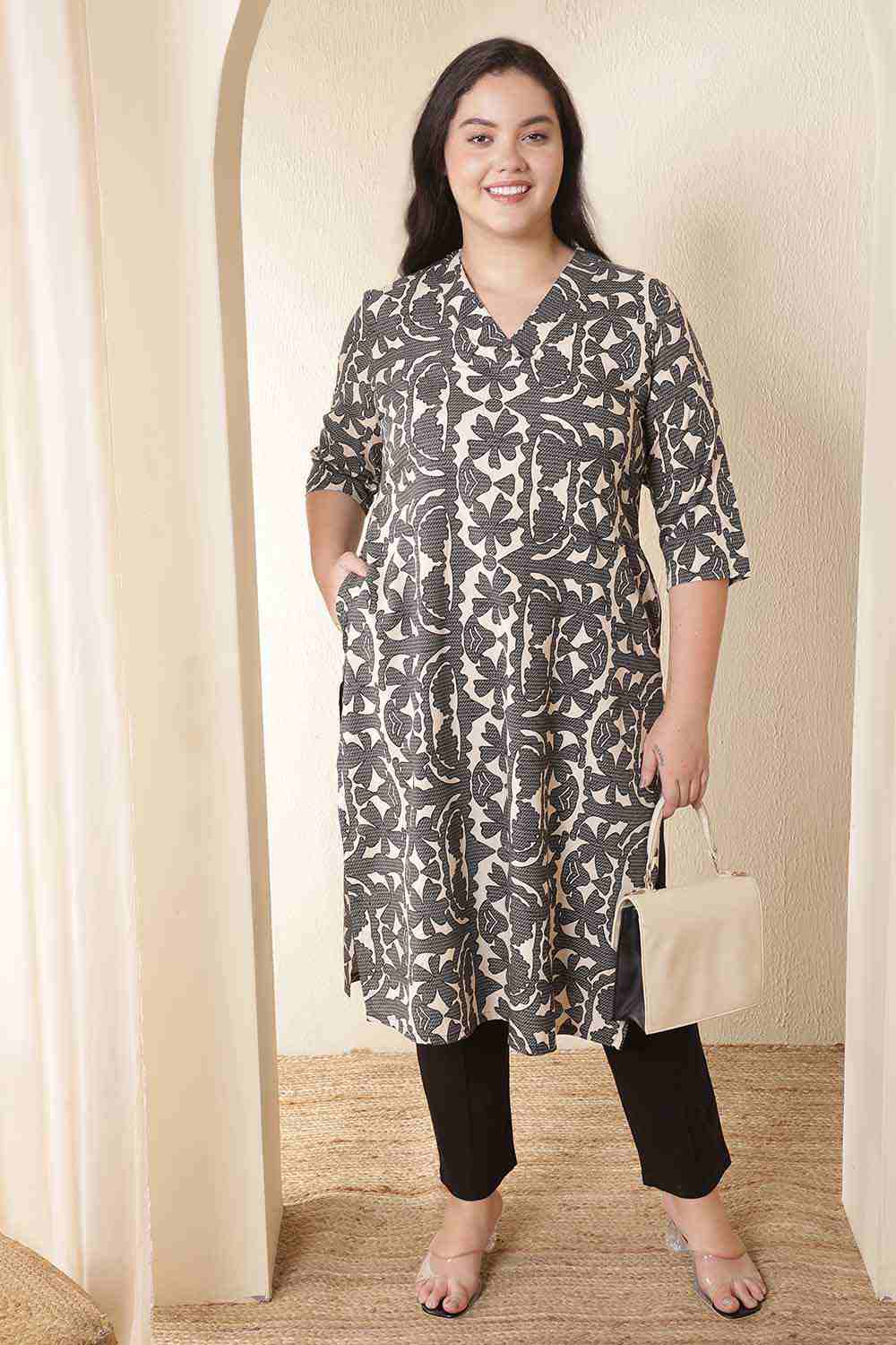 Plus Size Black & Beige Abstract Print Cotton Kurta