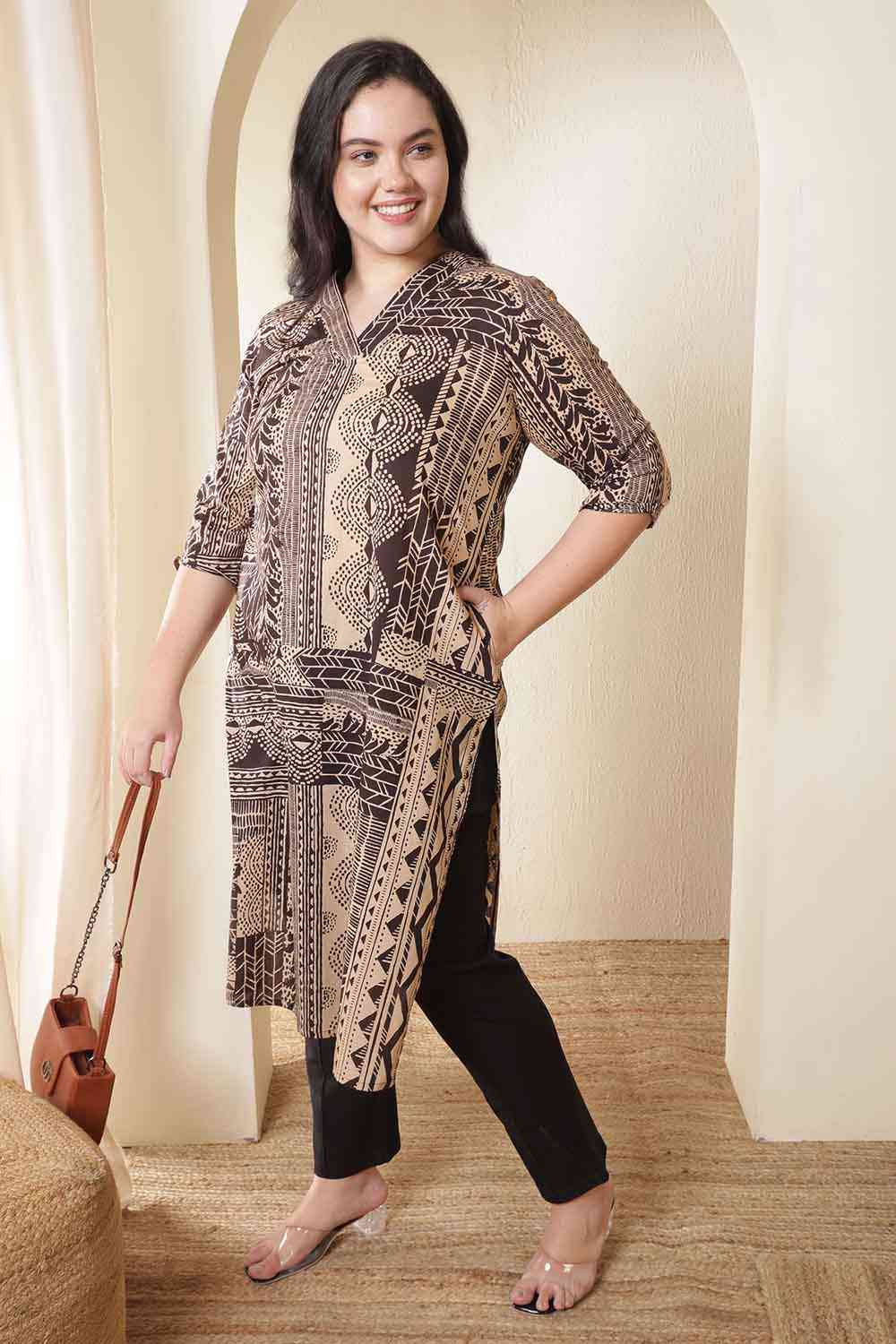 Plus Size Brown Black Printed V Neck Cotton Kurta