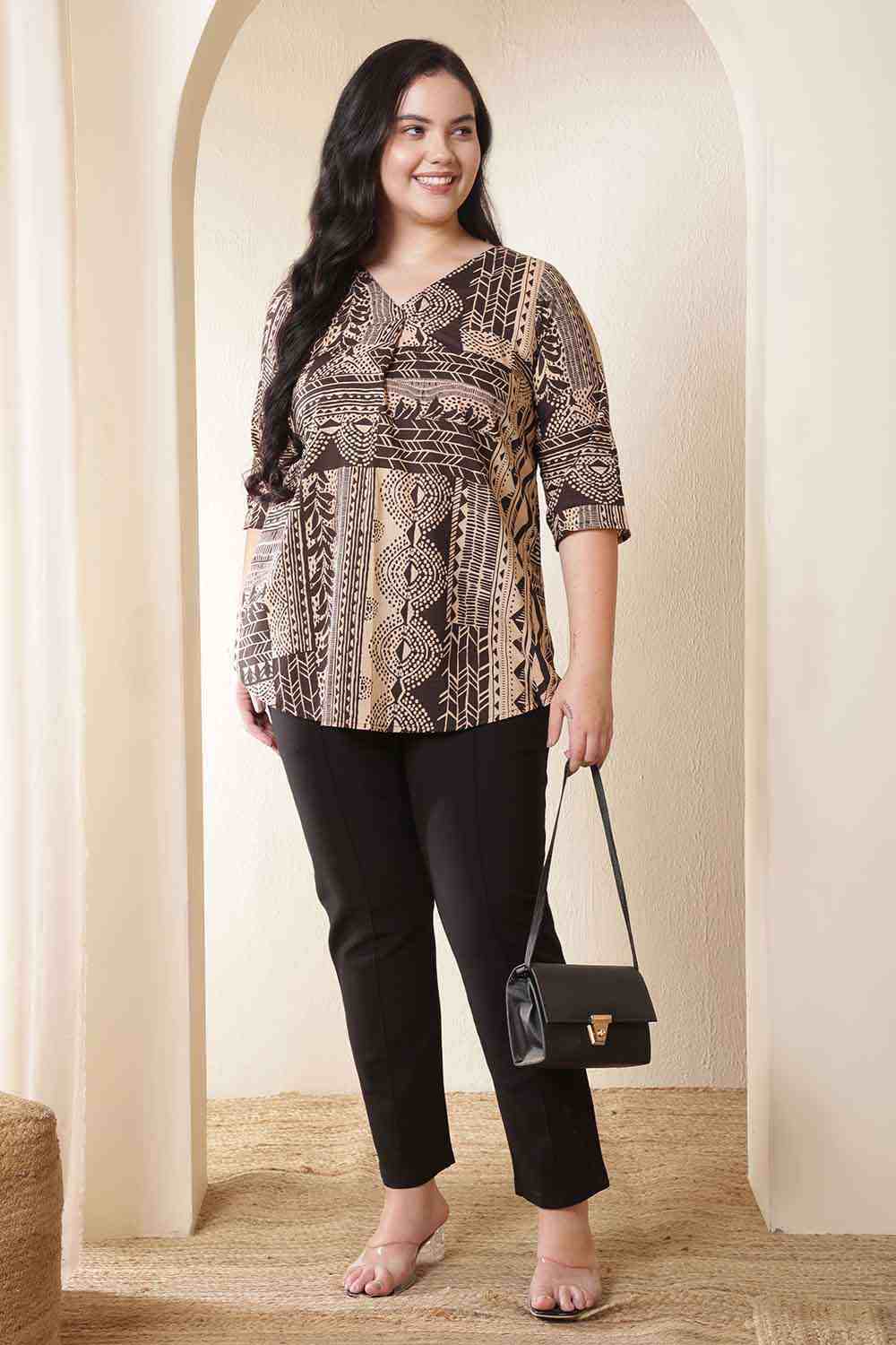 Plus Size Brown Black Printed V-Neck Cotton Top