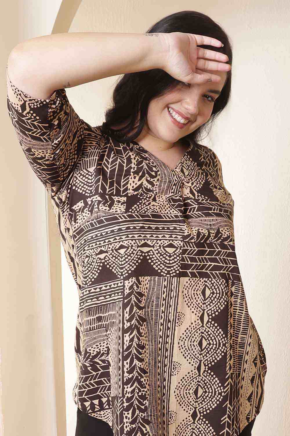 Plus Size Brown Black Printed V-Neck Cotton Top